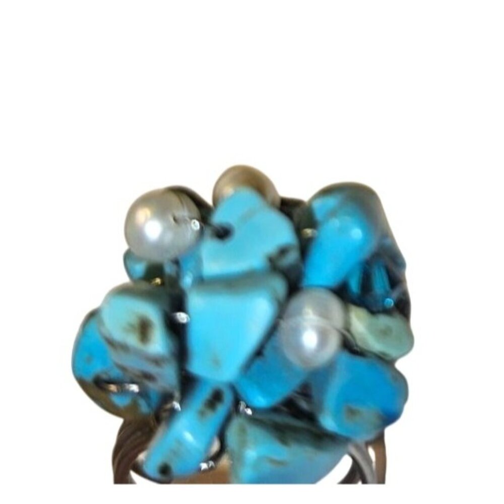 Statement Ring Adjustable Turquoise & Pearl Clust… - image 3
